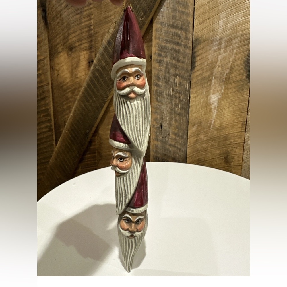Vintage Wood Carved Look Resin Santa Ornament 3 Santa 90s Folk Art 11” tall